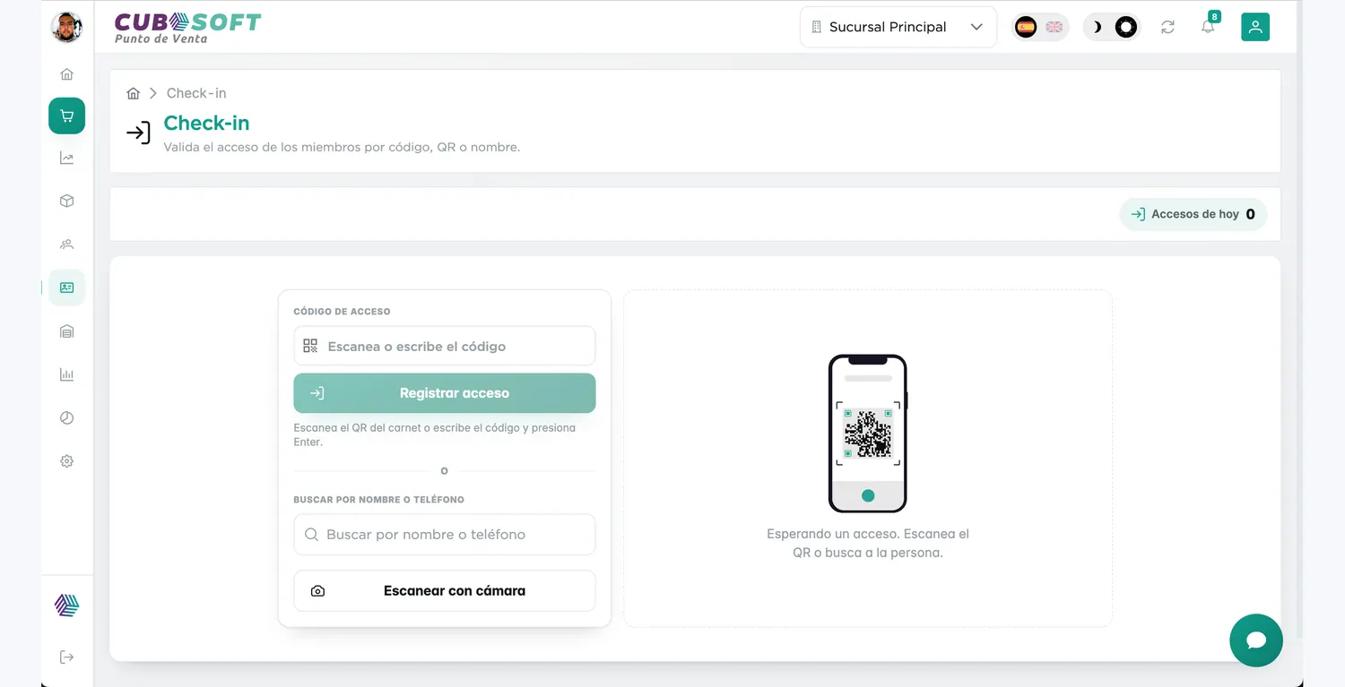 Pantalla de check-in de CuboPOS validando el acceso de miembros por QR o código