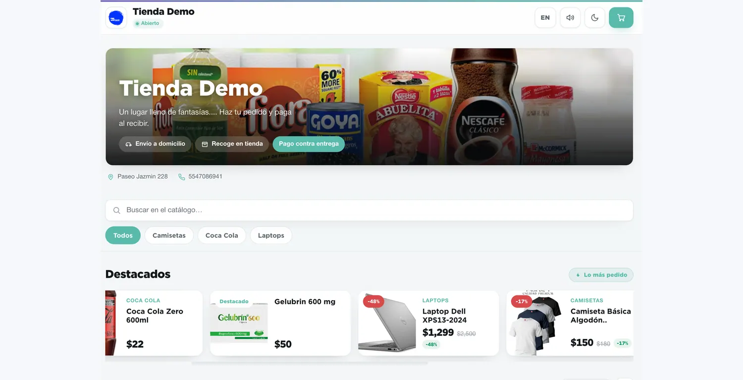 Tienda en línea pública de CuboPOS con catálogo y checkout por WhatsApp
