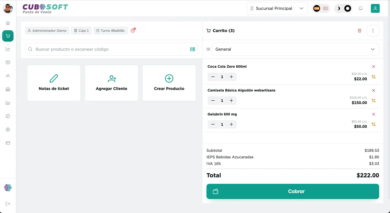Terminal de venta CuboPOS con carrito de compra, productos e impuestos calculados